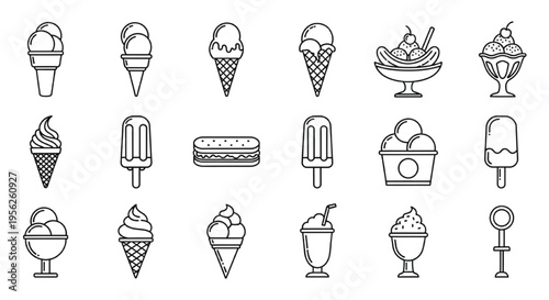 Ice Cream Line Icon Set Outline Frozen Dessert Cones Popsicles Sundaes Minimal Vector Collection Isolated