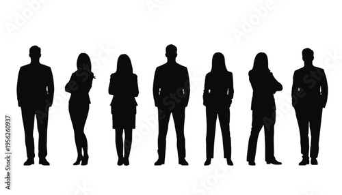 A row of seven diverse business people standing firmly with arms crossed or hands on hips creating a strong.
