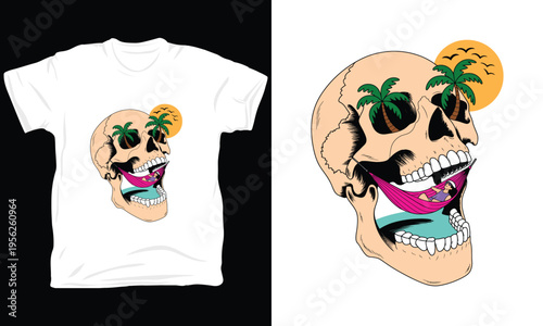 Skull head with tropical island and woman relaxing on hammock vector illustration