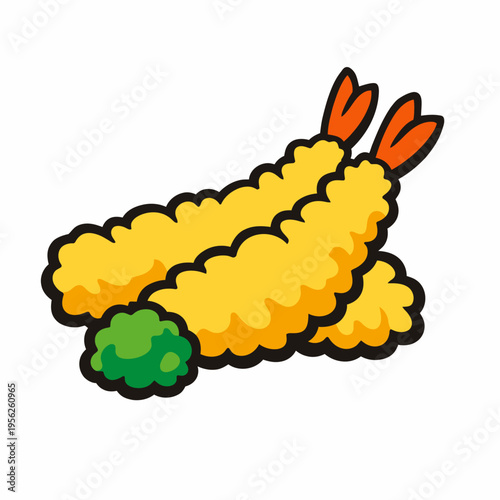 Crispy fried shrimp with broccoli on a plate cartoon style vector illustration for menu or food delivery service