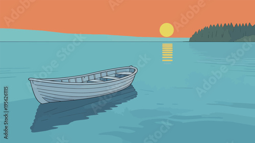 Sunset over calm waters with a small boat floating near an island shoreline