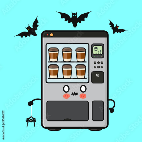 Halloween vending machine character with spooky bats and spider