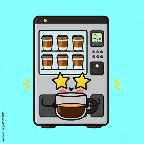 Coffee vending machine mascot feeling excited about a cup