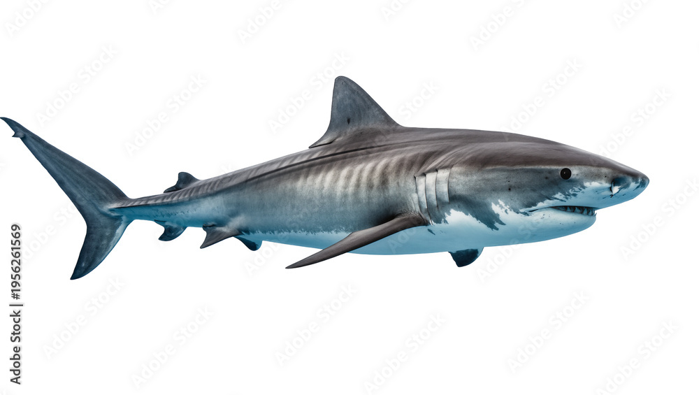 Fototapeta premium Isolated powerful dangerous tiger shark swimming gracefully in deep blue clear ocean waters