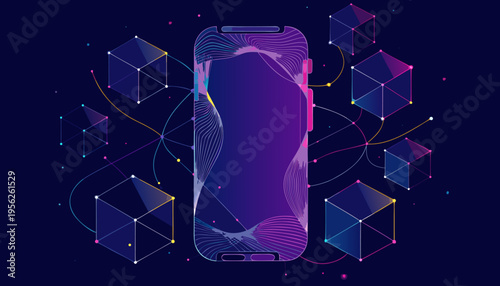 Abstract Low Poly Wireframe of Cryptocurrency Network and Data Blocks on Mobile Screen.eps