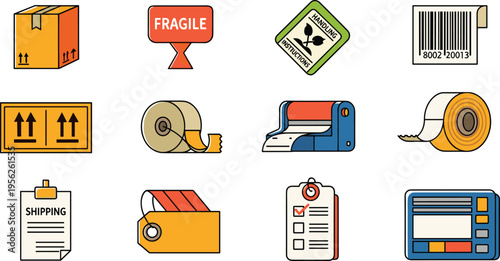 Logistics Shipping and Warehouse Packaging Label Icon Set