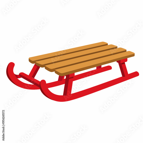 A cartoon-style illustration of a traditional wooden sled with red metal runners on a white background, perfect for winter sports and outdoor fun