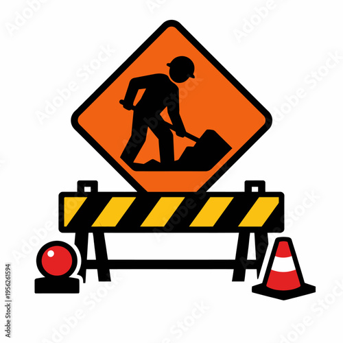 Road construction sign with barrier and cones on white background