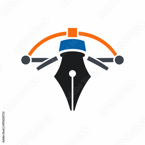 A stylized illustration of a fountain pen nib with a blue and orange design element on a white background for writing and drawing concepts