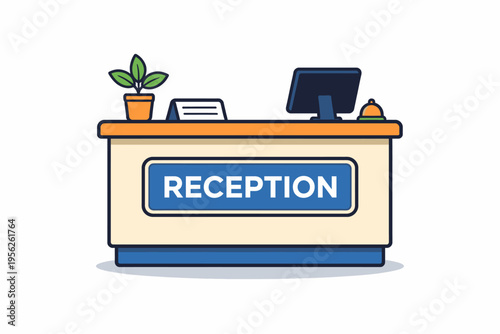 Reception desk with computer and plant on top, office front desk with reception sign, business workplace receptionist area