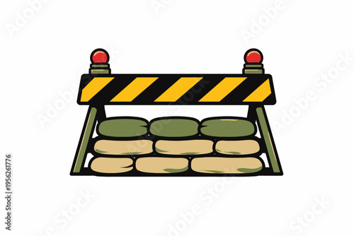 Cartoon illustration of a roadblock with warning lights on top and stacked sandbags underneath, indicating a blocked or restricted area.