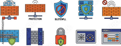 Network firewall and cyber defense security system icon set