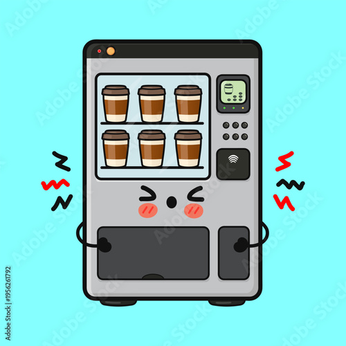 Cute coffee vending machine cartoon shaking with frustration