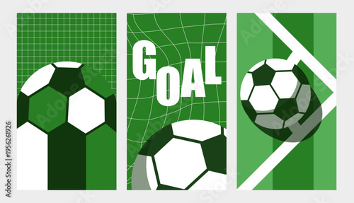 Soccer Football Goal Social Media Story Banner Set Vector Illustration with Ball and Net on Green Background for Sport Event and Championship Design World Cup Football 
