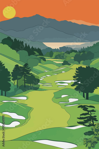 Sunrise over a golf course with green fairways and mountains in the background