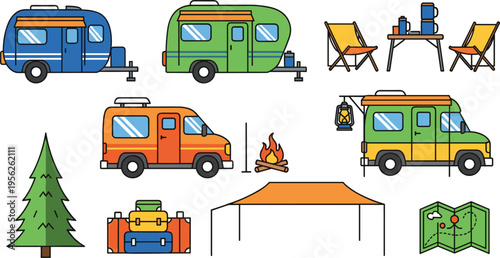 Outdoor camping adventure and van life travel icon set