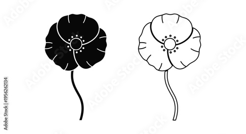 Minimalist black and white poppy flower vector icon set for remembrance and floral designs