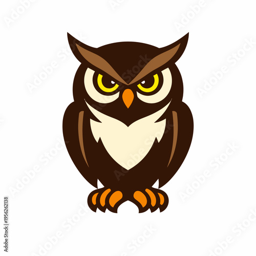 A cartoon illustration of an angry brown owl with yellow eyes and orange feet, staring forward on a white background
