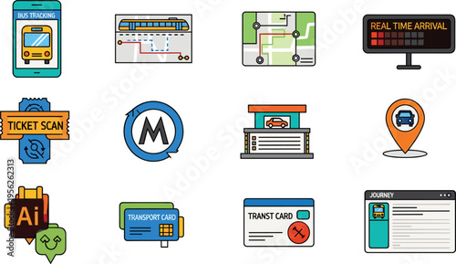 Public transport navigation and smart city transit system icon set