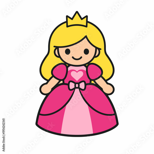 Cute cartoon princess in pink dress and golden crown smiling sweetly on white background
