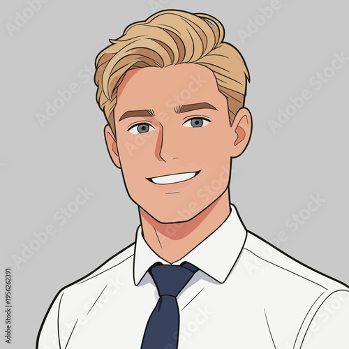 Young man with blonde hair smiles while wearing a white shirt and blue tie in a simple background setting