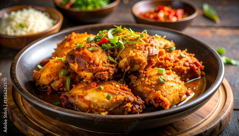 Fototapeta premium A close-up shot of a savory chicken dish with vibrant spices, served on a rustic wooden plate, with green garnishes. Bowls of accompaniments are in the background