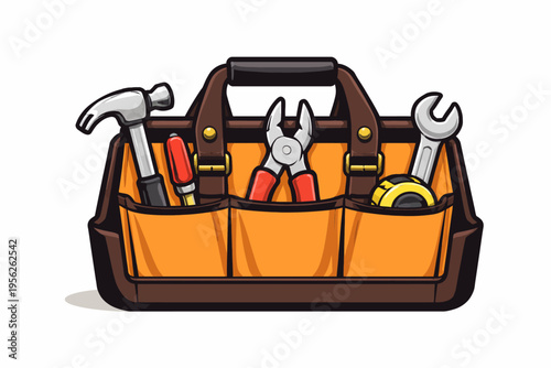 Cartoon illustration of a brown tool bag with various tools inside on white background