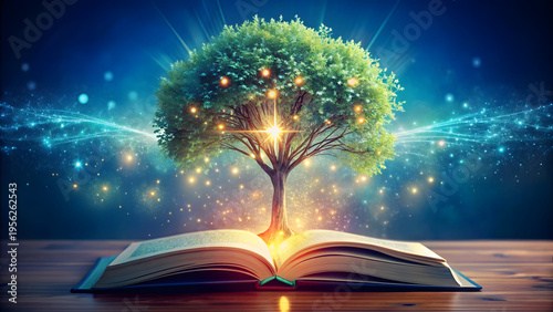 Magical green tree emerges from open book pages radiating bright golden light sparks against deep blue cosmic background representing education wisdom imagination growth spiritual discovery.