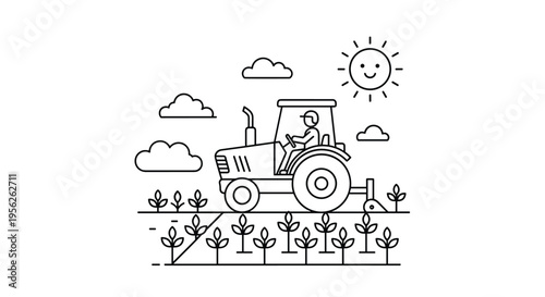Simple black and white line drawing of a happy farmer driving a tractor in a field under a bright smiling sun for coloring or icons.