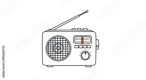 Classic hand drawn sketch of a vintage portable radio with an extended antenna represents old fashioned communication and music tech.