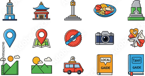 Travel tourism and local city guide navigation icon set