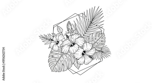 Tropical floral arrangement with hibiscus flowers and monstera leaves inside a geometric frame in elegant black line art style.