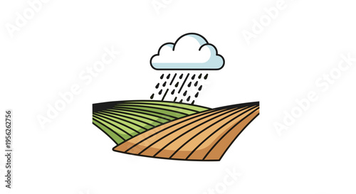 Agricultural illustration showing a rain cloud watering a field with green crops and brown soil representing farming and growth cycles.