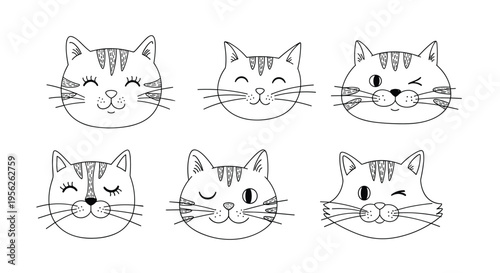 Collection of six cute hand drawn cat faces with various winking and smiling expressions for playful and creative design projects.
