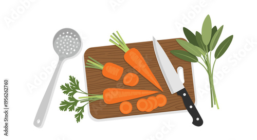 Fresh carrots being chopped on a wooden board with a kitchen knife, skimmer, and fresh herbs like sage and parsley for meal prep.