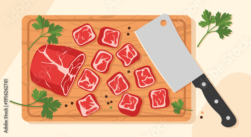 Fresh raw beef pieces and a large roast on a wooden cutting board with a kitchen cleaver and green parsley for gourmet cooking.