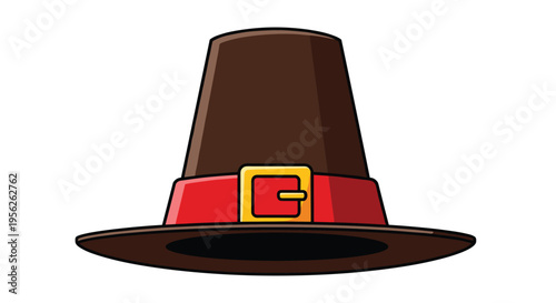Traditional brown pilgrim hat with a bright red band and a golden buckle stands as a classic symbol for Thanksgiving and colonial history.