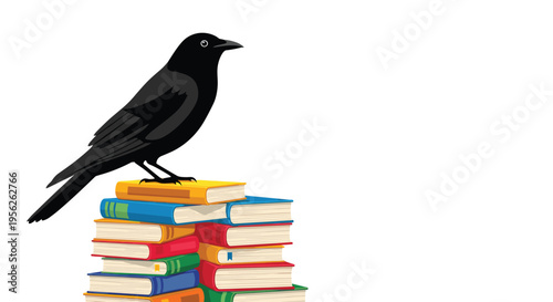 Intelligent black crow perched on top of a tall stack of colorful books creates an image of wisdom, mystery, and academic pursuit.