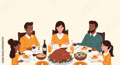Happy diverse family enjoying a traditional Thanksgiving dinner together with a roasted turkey and pumpkin pie on a festive table.