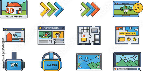 Virtual real estate tour and 3D home preview technology icon set