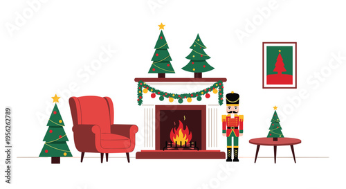 Cozy living room decorated for Christmas with a warm fireplace, a red armchair, a nutcracker, and several beautiful festive trees.