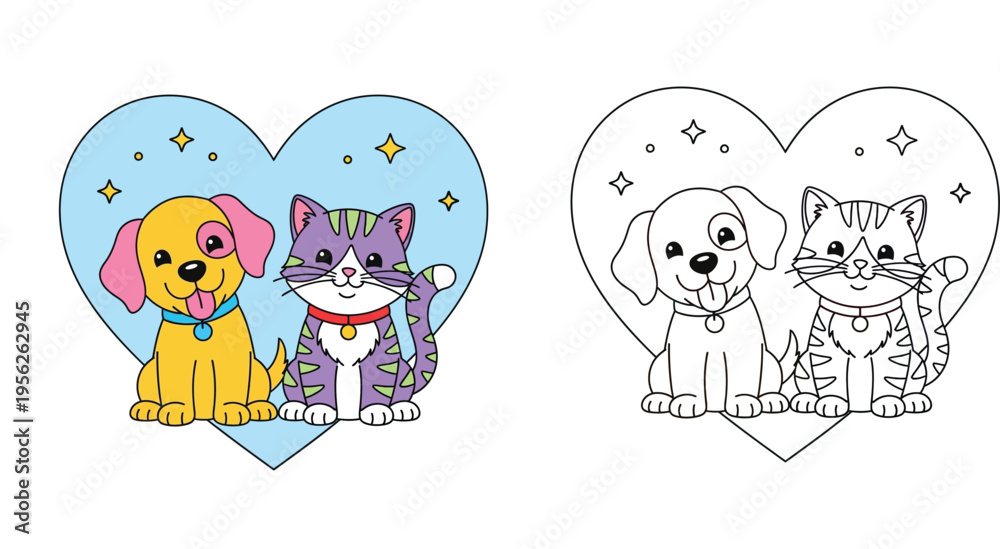 Naklejka premium Cute Dog and Cat inside a Heart Illustration Set, Colorful and Line Art Versions for Kids Coloring Page, Adorable Pet Friendship and Valentine's Day Vector Graphic Design