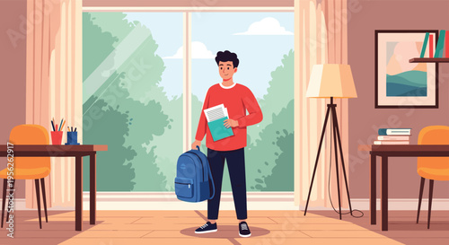 Young male student with a backpack and study papers stands in a brightly lit modern study room with large windows and park views outside.