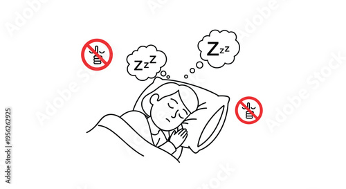 Line drawing depicts a person sleeping peacefully in bed with sleep symbols and crossed-out talking icons to indicate a need for quiet.
