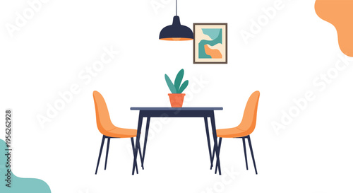 Minimalist home interior illustration features a dark dining table with two orange chairs and a green potted plant under a black lamp.