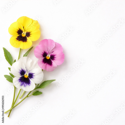 Drei bunte Stiefmütterchen auf weißem Hintergrund mit viel Kopierraum für Text
