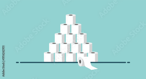 Humorous illustration shows a large pyramid built from numerous white toilet paper rolls against a clean light blue background for household.