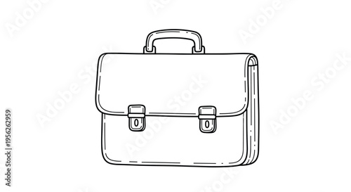 Professional briefcase with a top handle and two front buckles is illustrated in a clean black and white line art style for business themes.