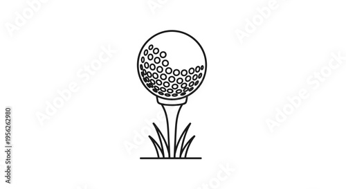 Professional golf ball sits perfectly balanced on a white tee among blades of grass in a clean black and white line art illustration.
