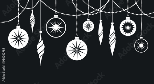 Elegant black and white illustration of various Christmas ornaments and festive baubles hanging from decorative beaded strings.